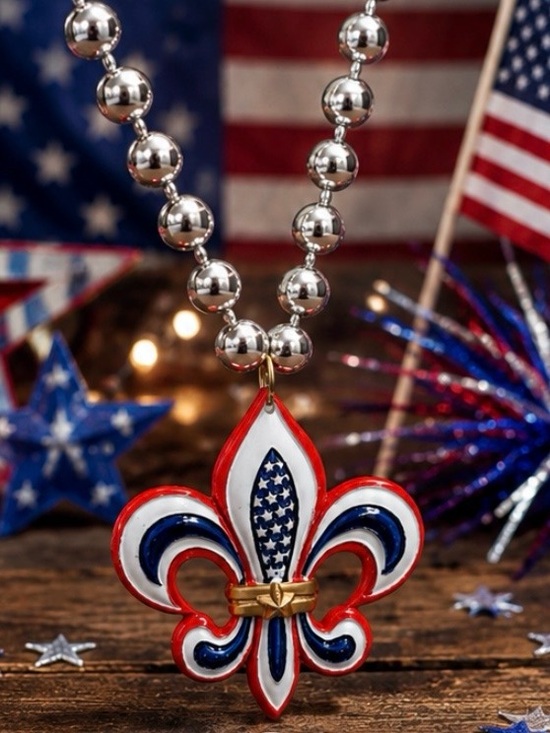 Fourth of July Jewelry - Fourth of July Patriotic Fleur De Lis Beaded Necklace Red White Blue USA